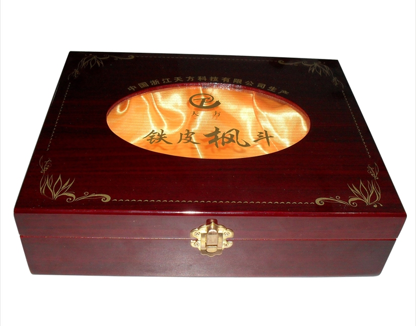 custom wood box for health products with clear window on cover and satin insert